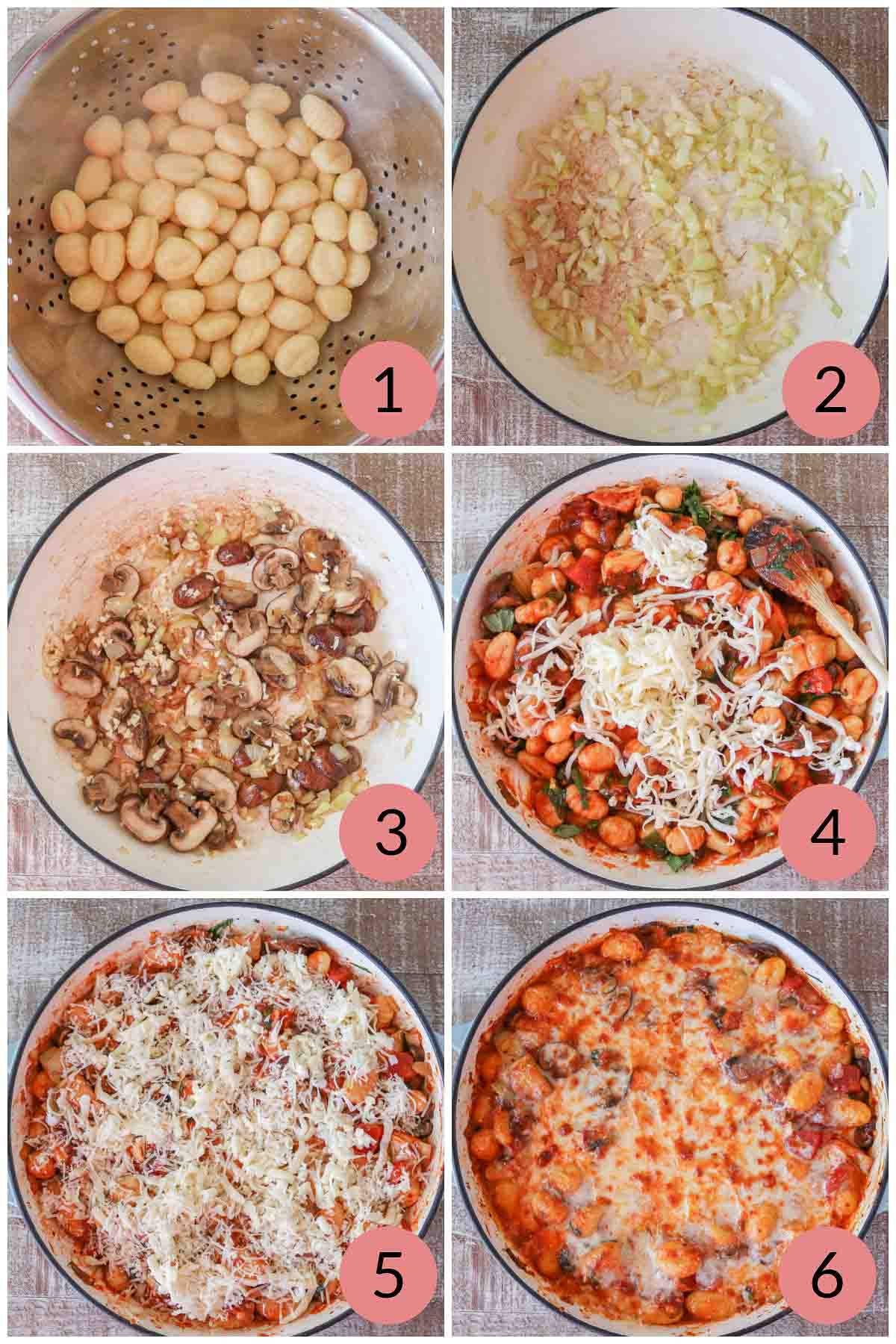 Collage of steps to make a baked cheesy gnocchi casserole recipe.