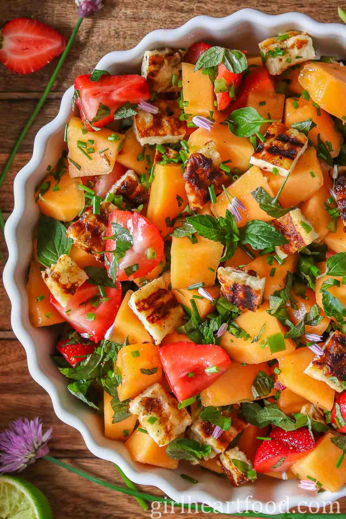 Close-up of cantaloupe salad in a bowl.