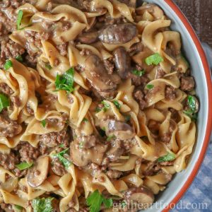 Close-up of ground beef stroganoff in a dish.