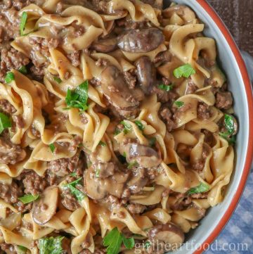 Close-up of ground beef stroganoff in a dish garnished with parsley.