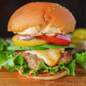 Ground turkey burger with toppings.