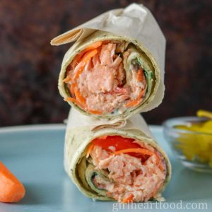 Stack of two salmon wraps on a blue plate.