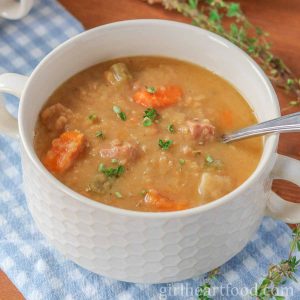 Bowl of split pea and ham soup.