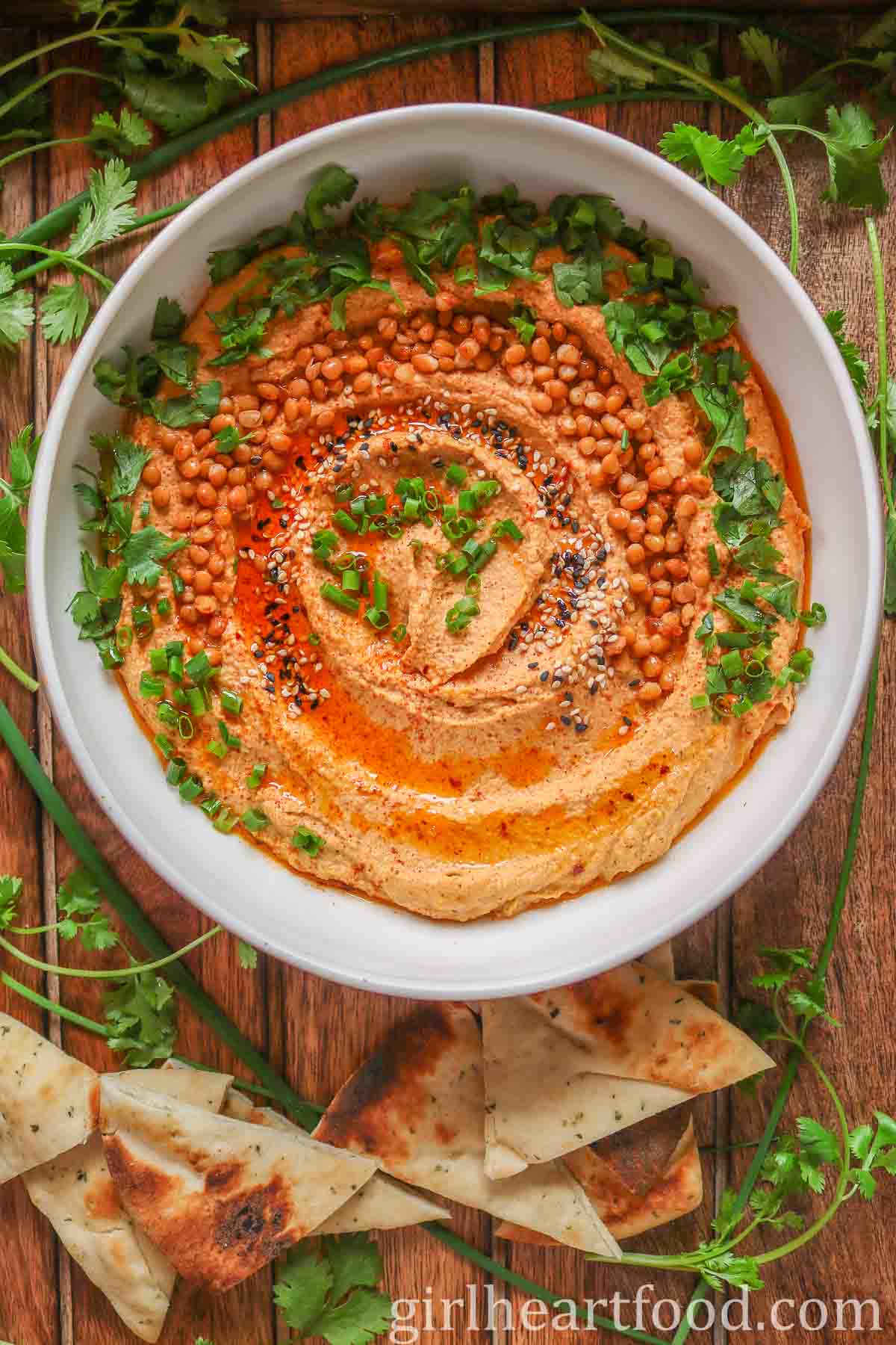 Bowl of lentil hummus garnished with toppings, next to pita bread, green onion and cilantro.