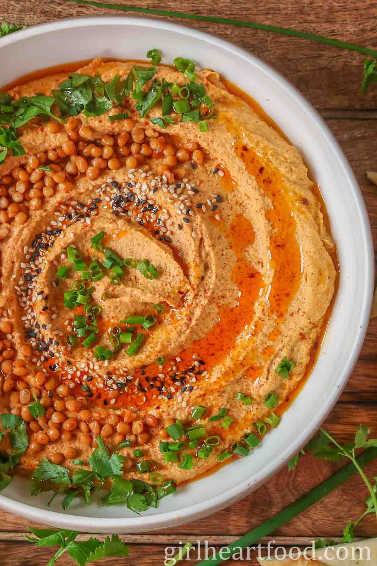 Close-up of of a bowl of lentil hummus garnished with toppings.