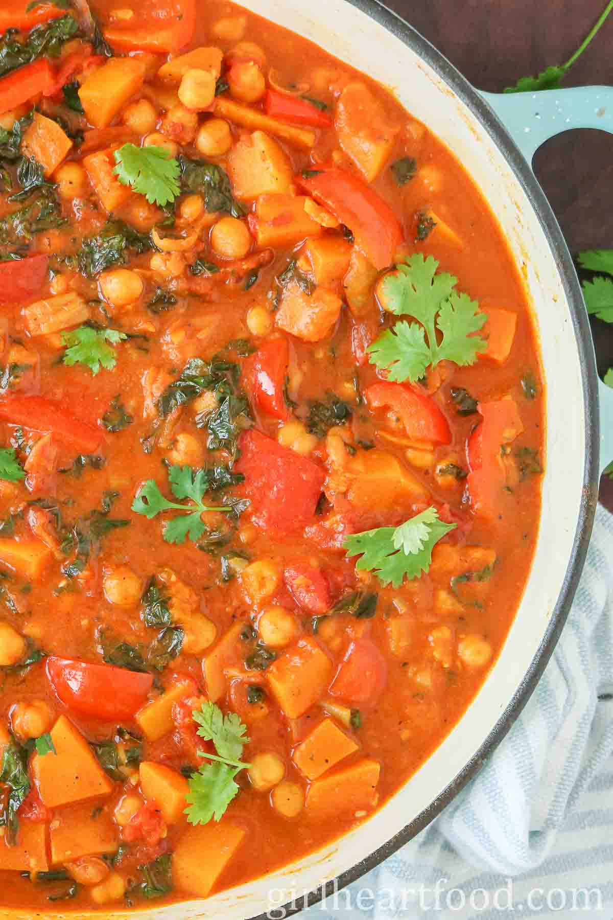 Close-up of butternut squash curry in a pan garnished with cilantro.