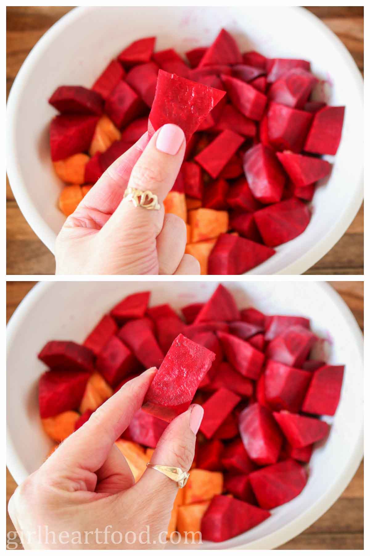 Collage of a hand holding a chunk of beet to show the size.
