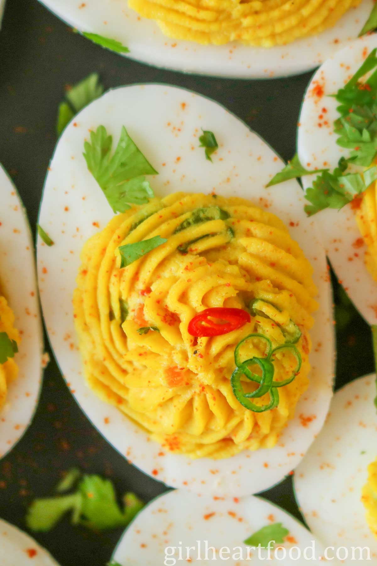 Close-up of a curry deviled egg.