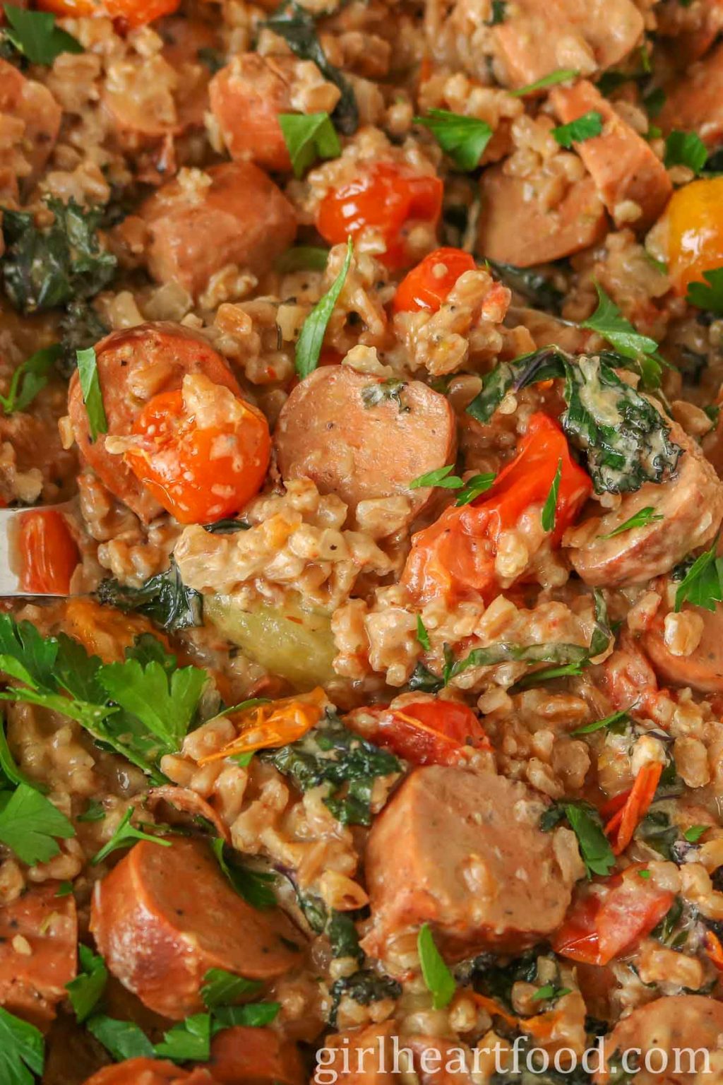 Farro With Vegetables and Veggie Sausage Girl Heart Food®