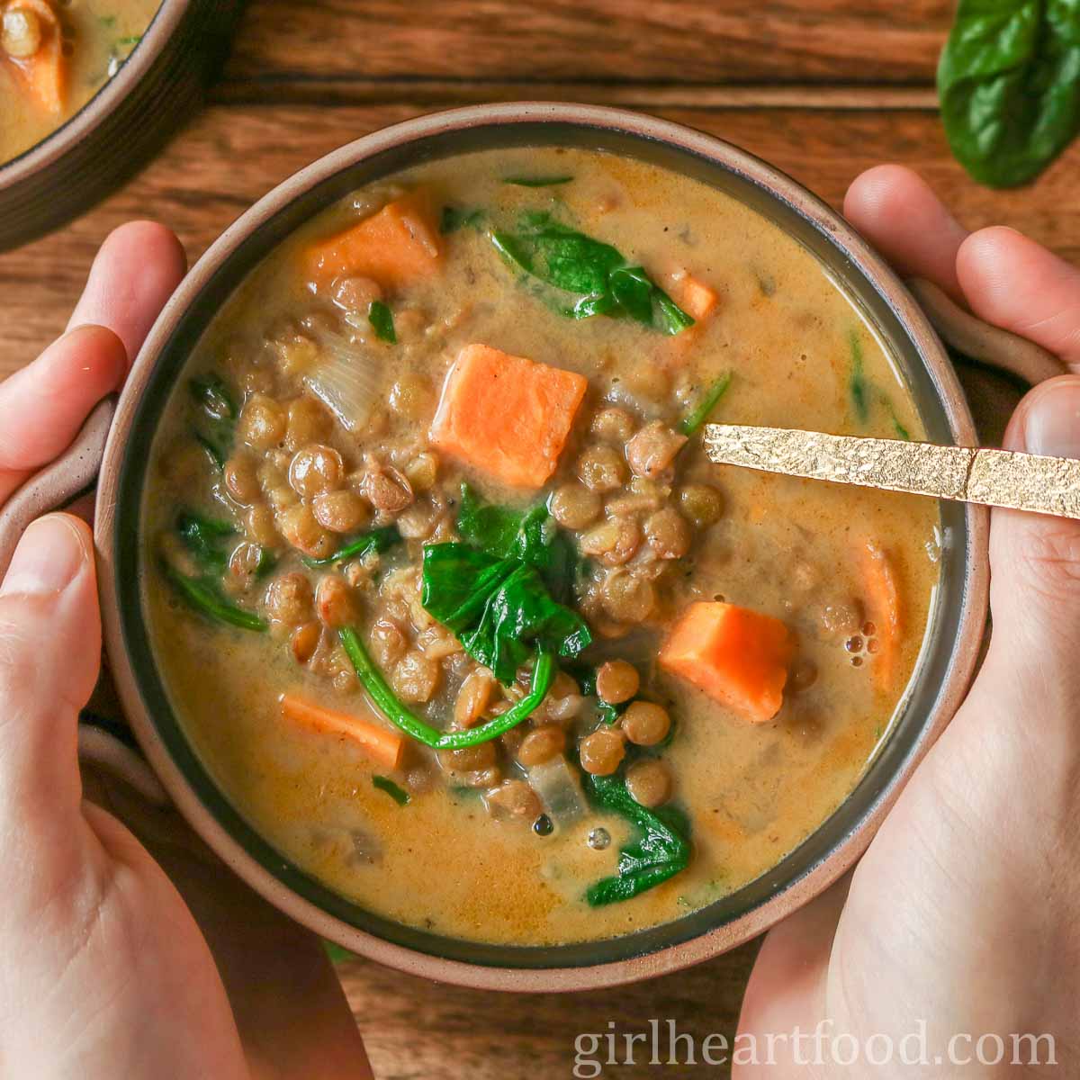 Two hands holding a bowl of green lentil, spinach and sweet potato soup.