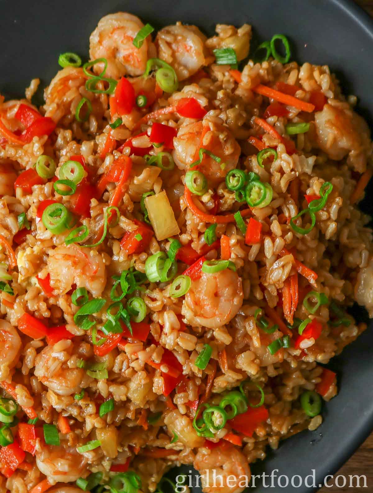 Close-up of a platter of pineapple shrimp fried rice.