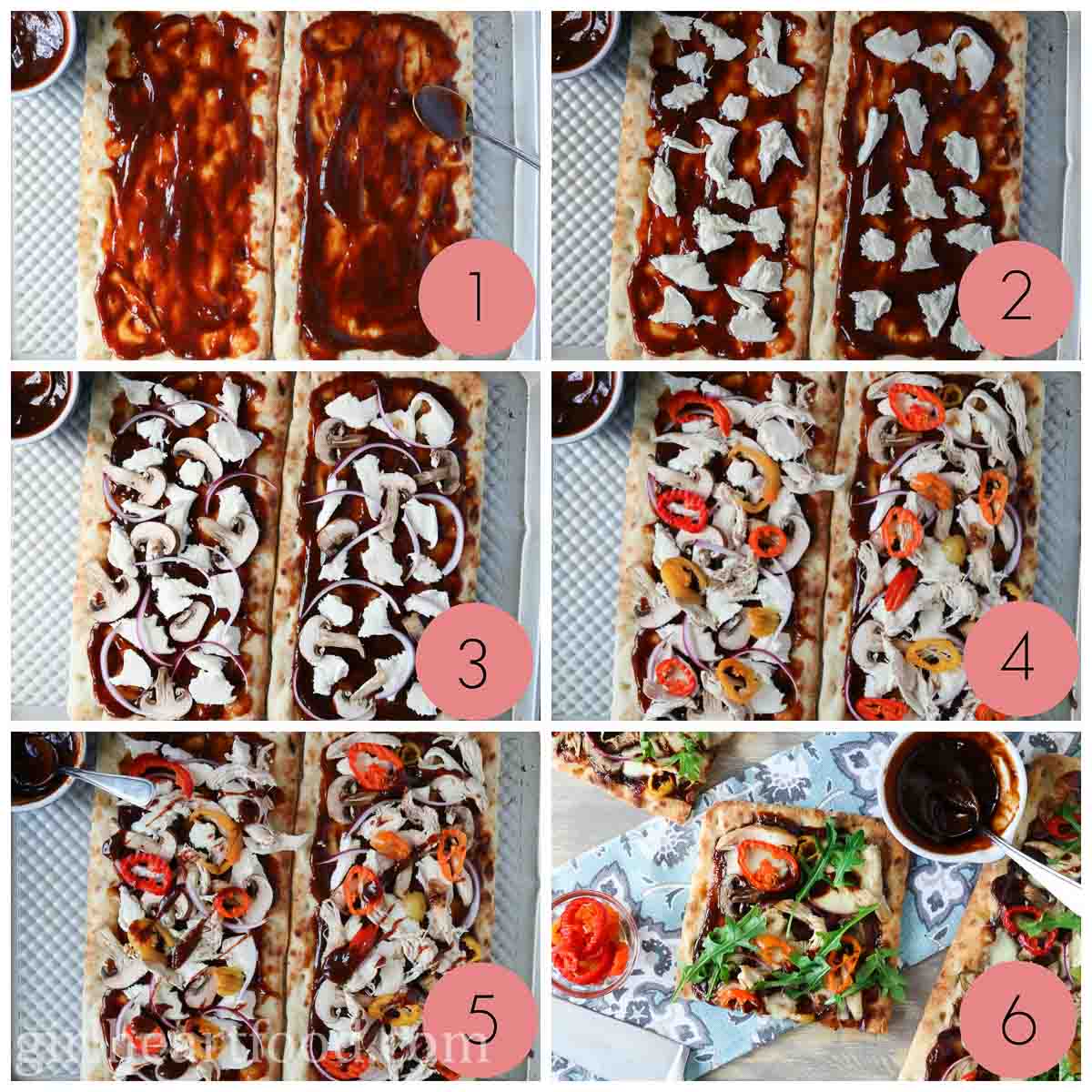 Collage of steps to make barbecue chicken flatbread pizza.