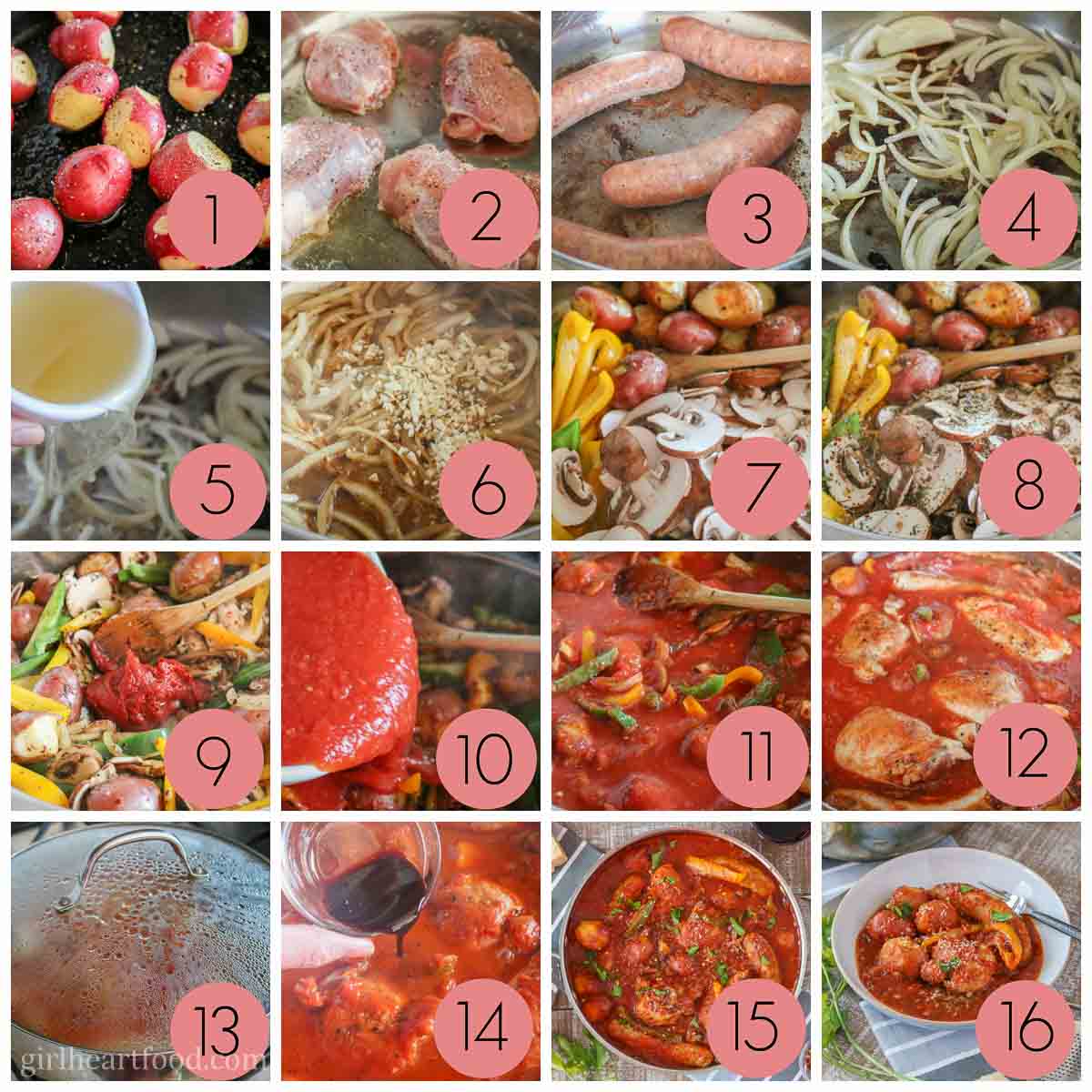Collage of steps to make chicken, sausage, peppers and potatoes in tomato sauce.