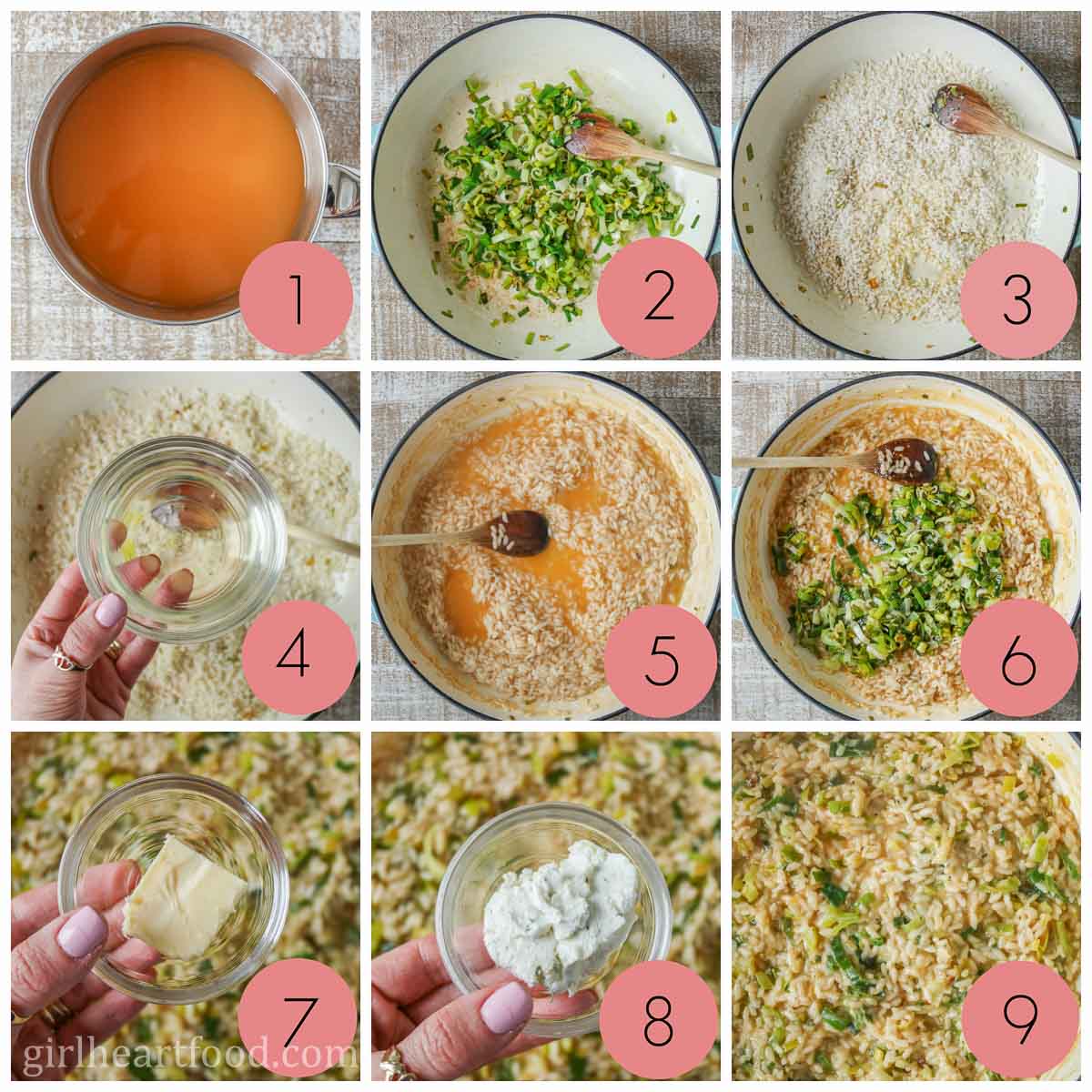 Collage of steps to make leek risotto.