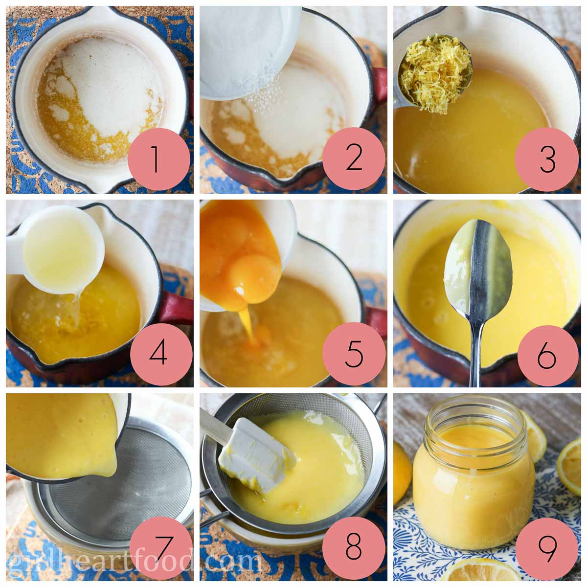 Collage of steps to make a homemade lemon curd recipe.