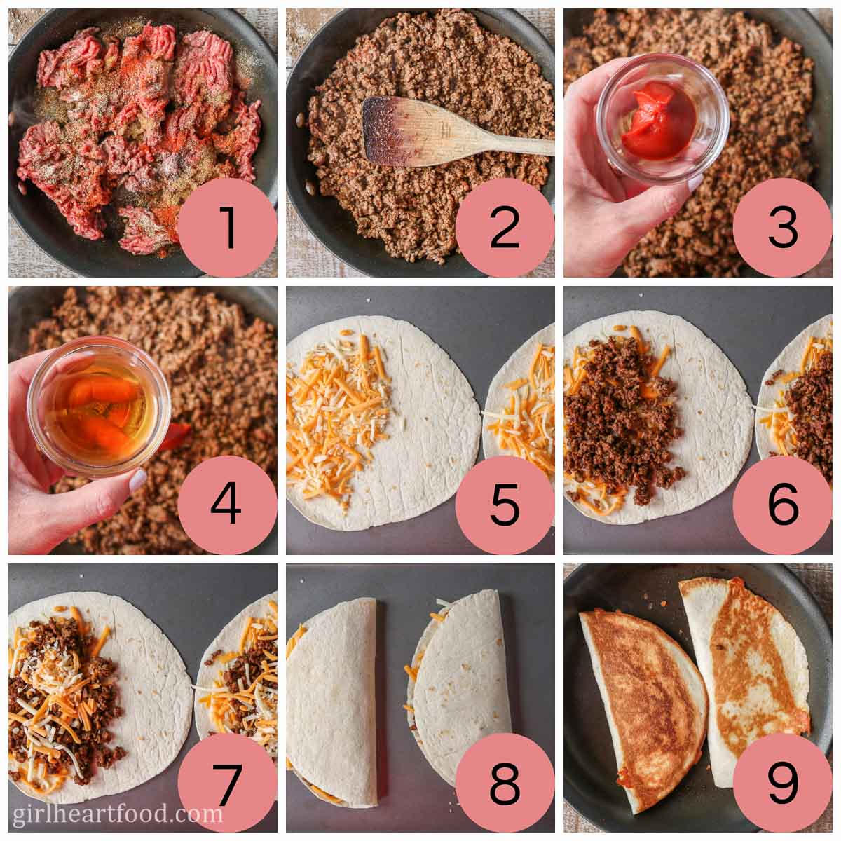 Collage of steps to make ground beef quesadillas with cheese.