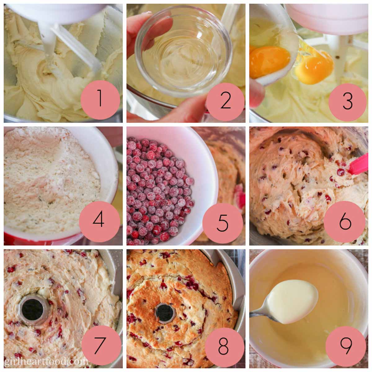 Collage of steps to make a partridgeberry cake with icing sugar glaze.