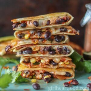 Stack of six black bean quesadillas.