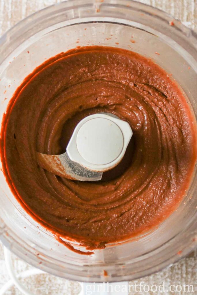 Chocolate dessert hummus in a food processor.