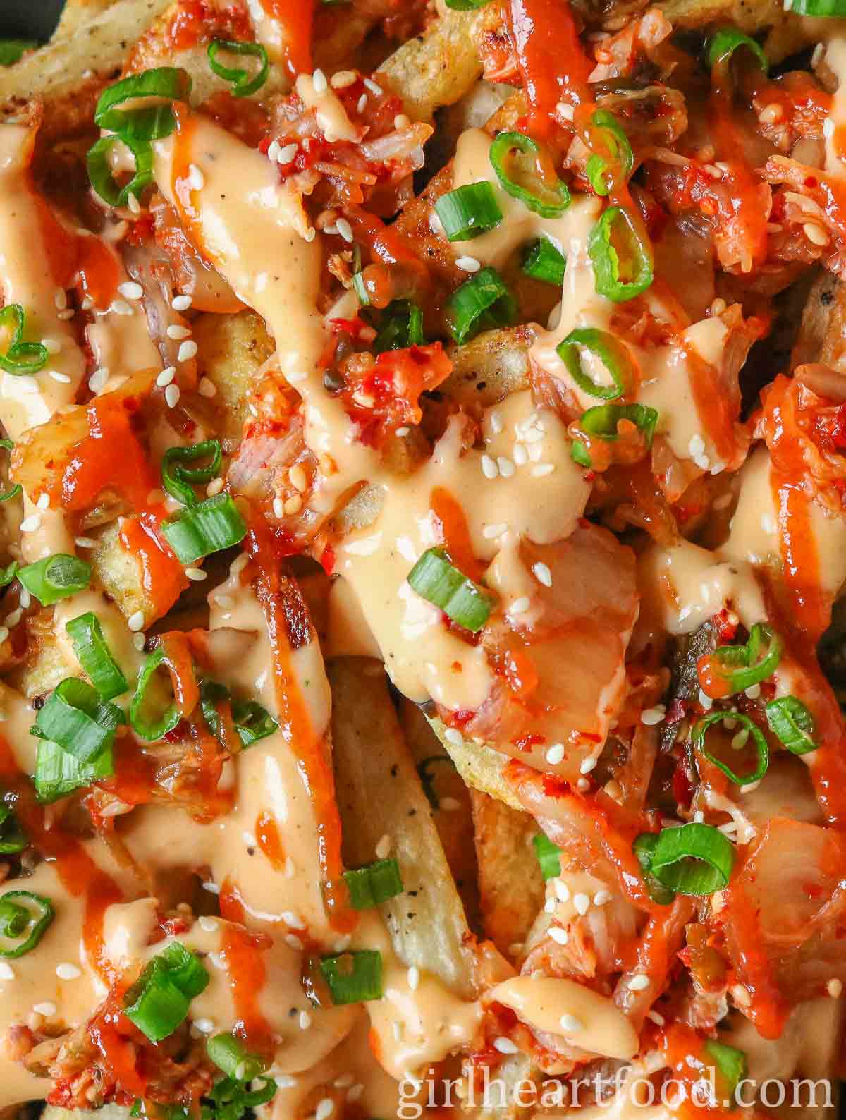 Tight close-up of cheesy kimchi fries.