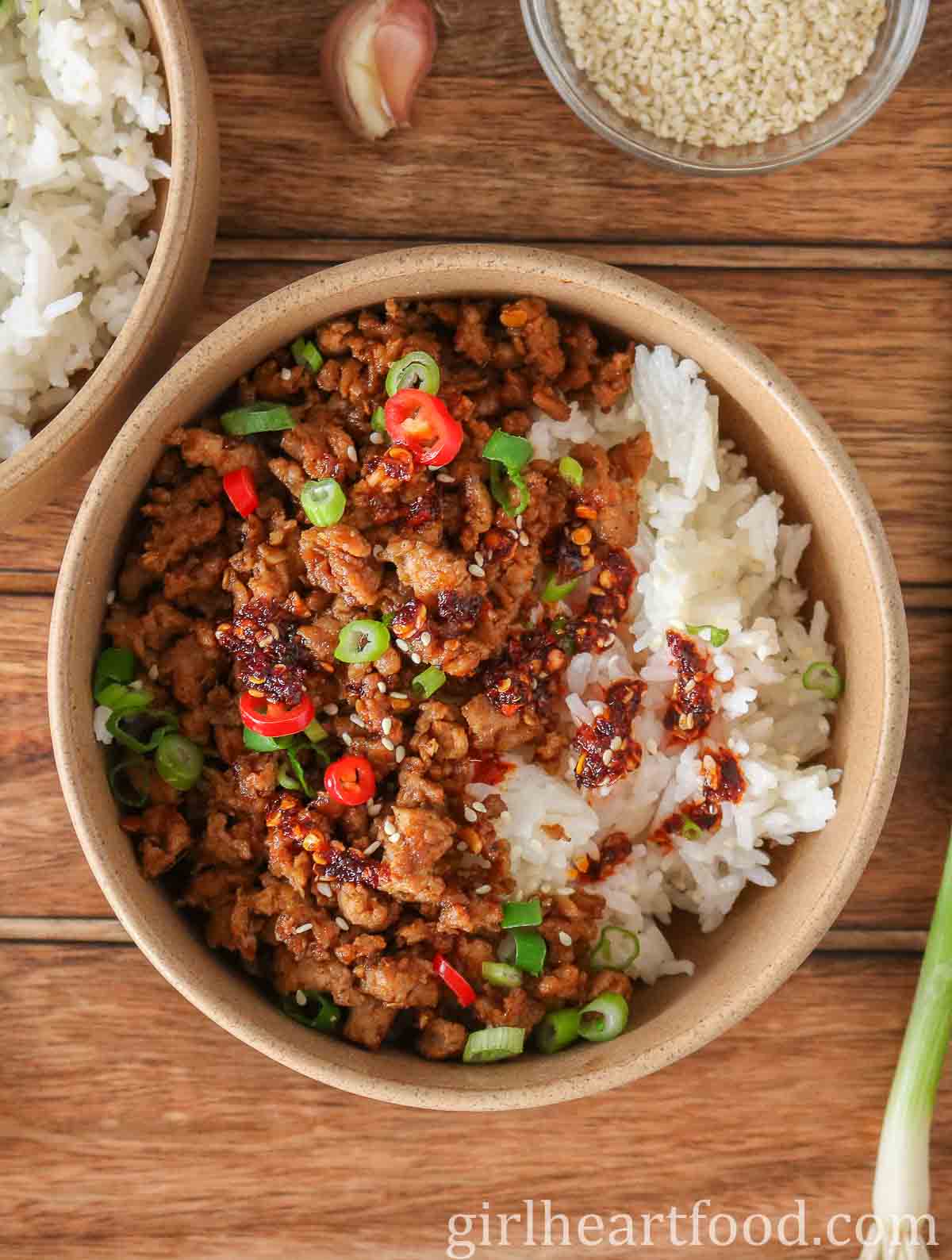 Ground turkey rice bowl with chili oil.