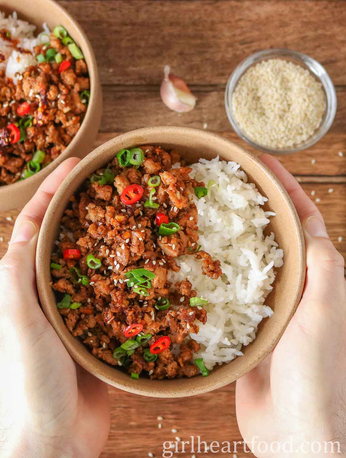 Two hands holding a ground turkey rice bowl.