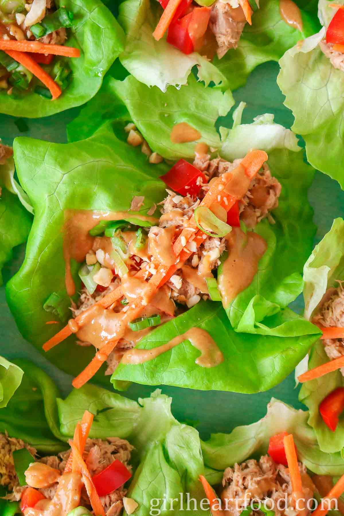 Tuna lettuce wraps with peanut sauce.