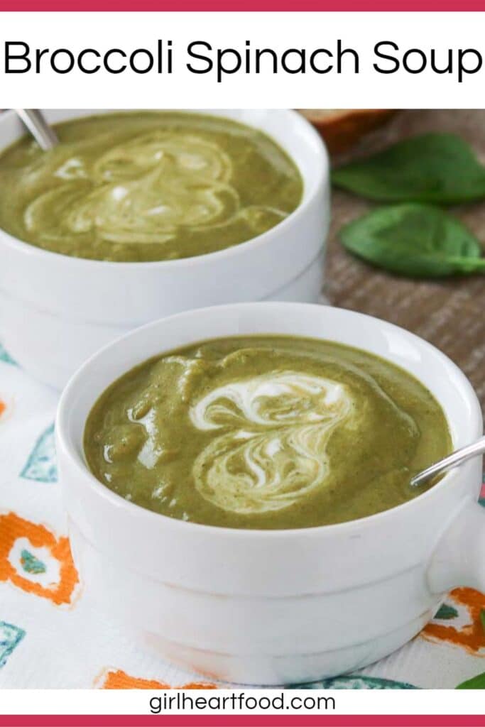 Two bowls of broccoli spinach soup.