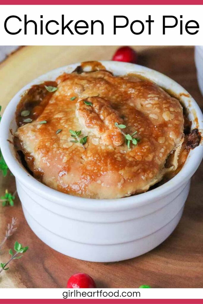 Individual dish of chicken pot pie with puff pastry.