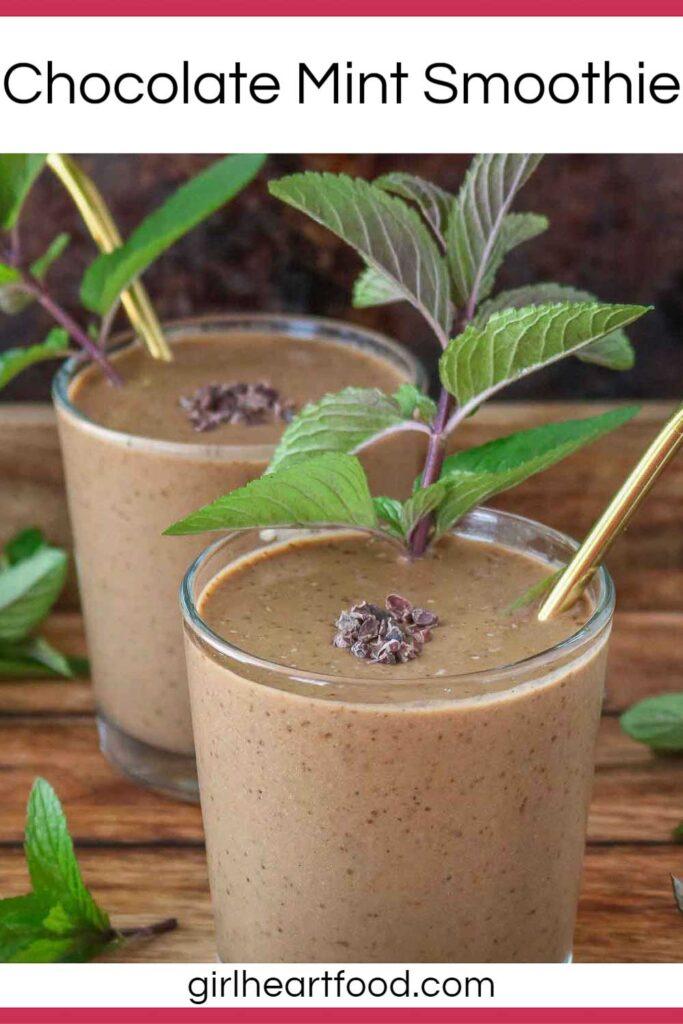 Two glasses of chocolate mint smoothie garnished with cocoa nibs and mint.