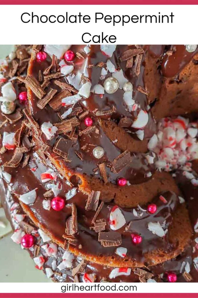 Close-up of a chocolate peppermint cake with ganache and toppings.