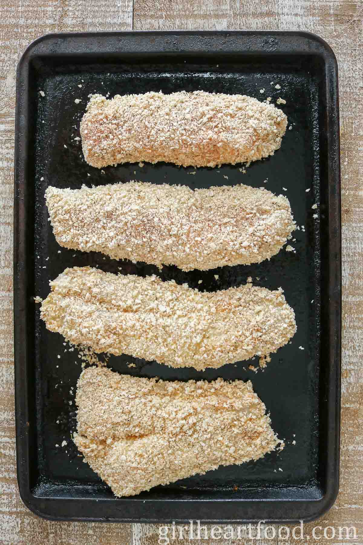 Four panko-coated cod fillets on a sheet pan before baking.