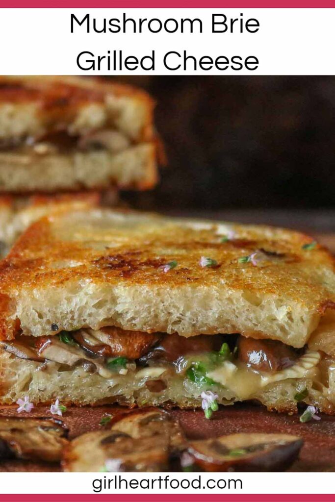 Half of a mushroom and brie grilled cheese sandwich.