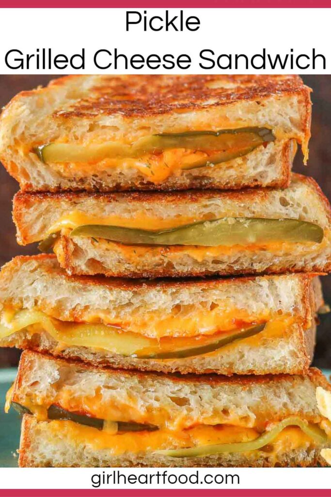 Stack of four pickle grilled cheese sandwich halves.