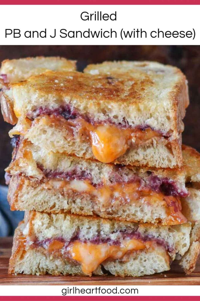 Stack of three cheesy grilled peanut butter and jam sandwich halves.