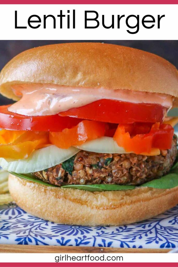 Lentil burger with toppings.