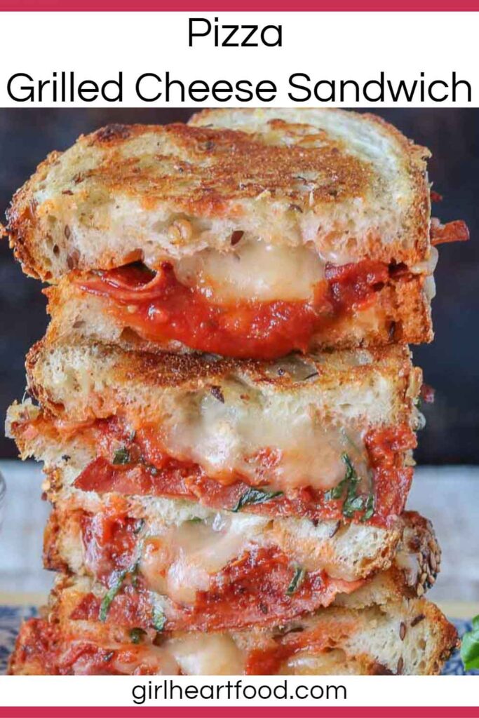 Stack of four pizza grilled cheese sandwich halves.