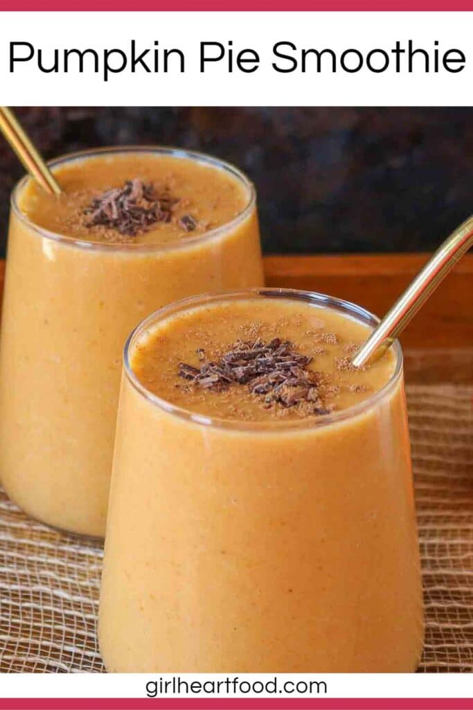 Two glasses of pumpkin smoothie with chocolate on top, one in front of the other.