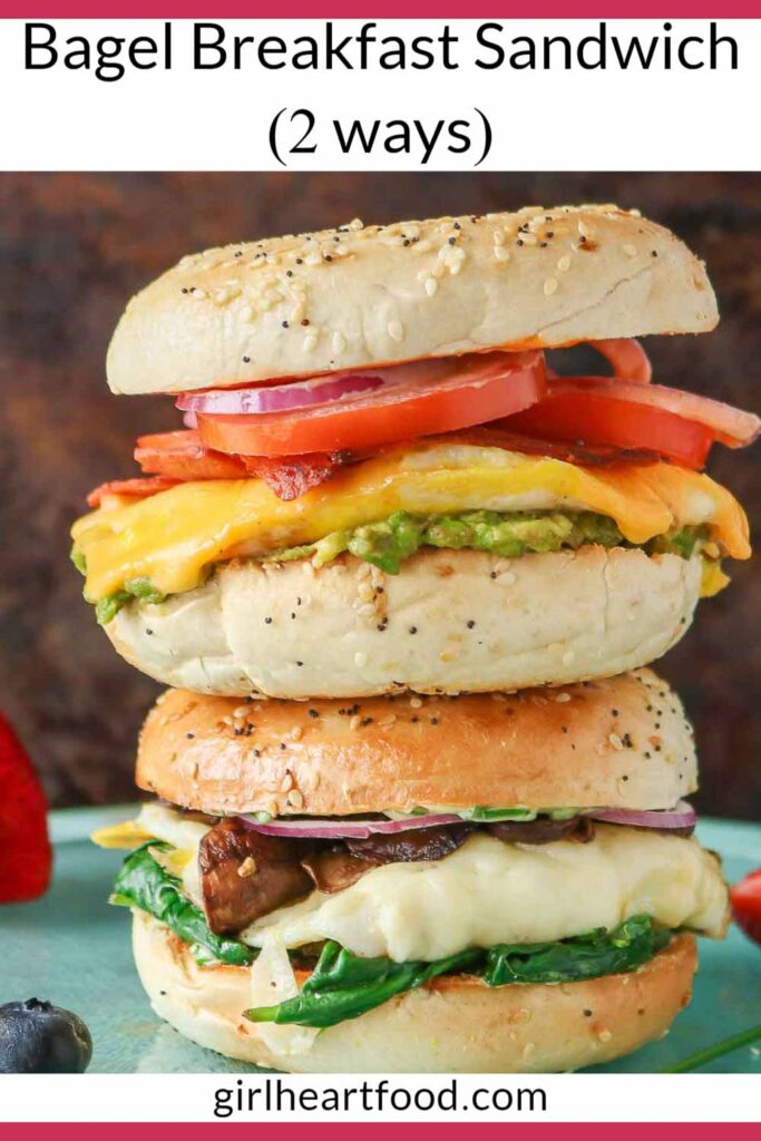 Stack of two bagel breakfast sandwiches.
