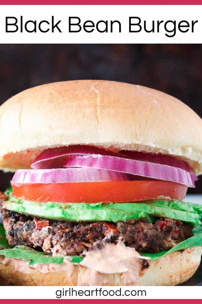 Black bean burger with toppings.