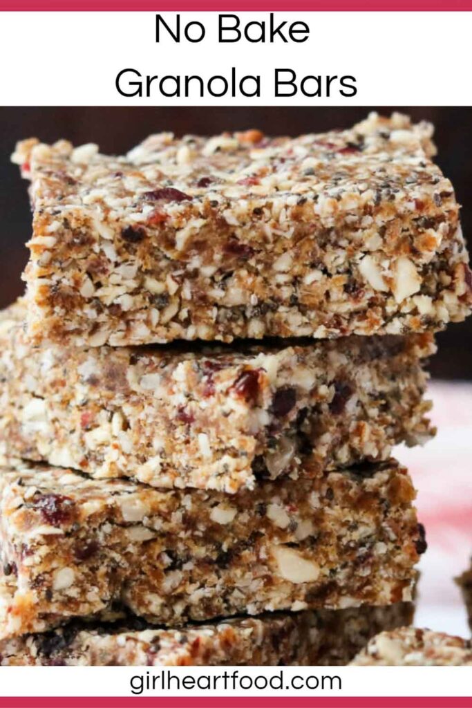 Close up of a stack of four homemade granola bars.