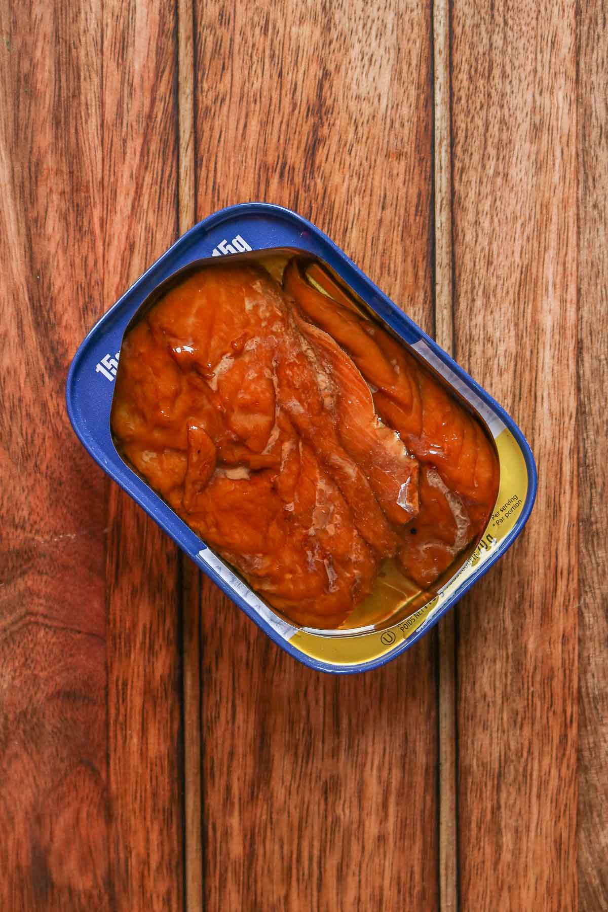 Can of smoked mackerel in oil.