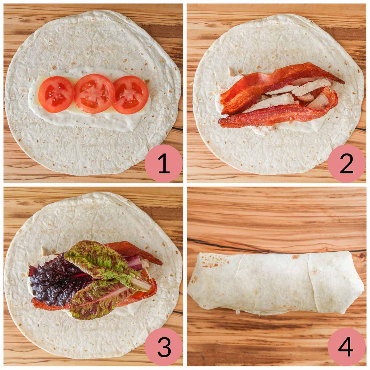 Collage of steps to make a turkey bacon wrap with ranch dressing, tomato and lettuce.