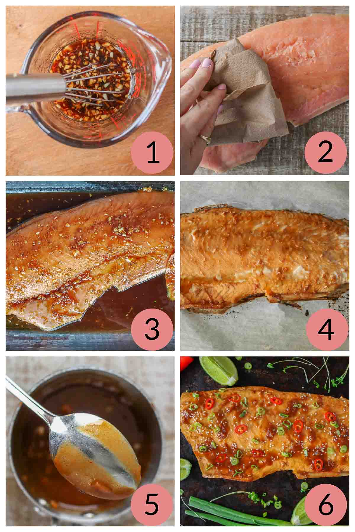 Collage of steps to make baked arctic char with marinade.