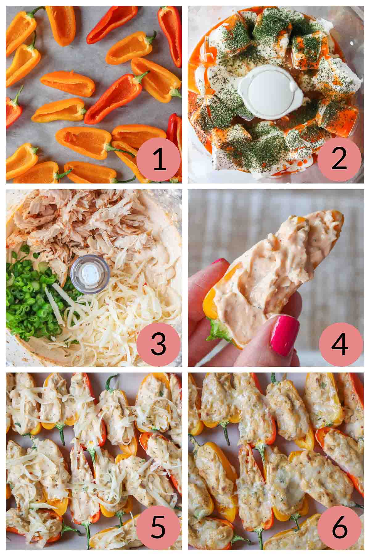Collage of steps to make buffalo chicken dip mini stuffed peppers.