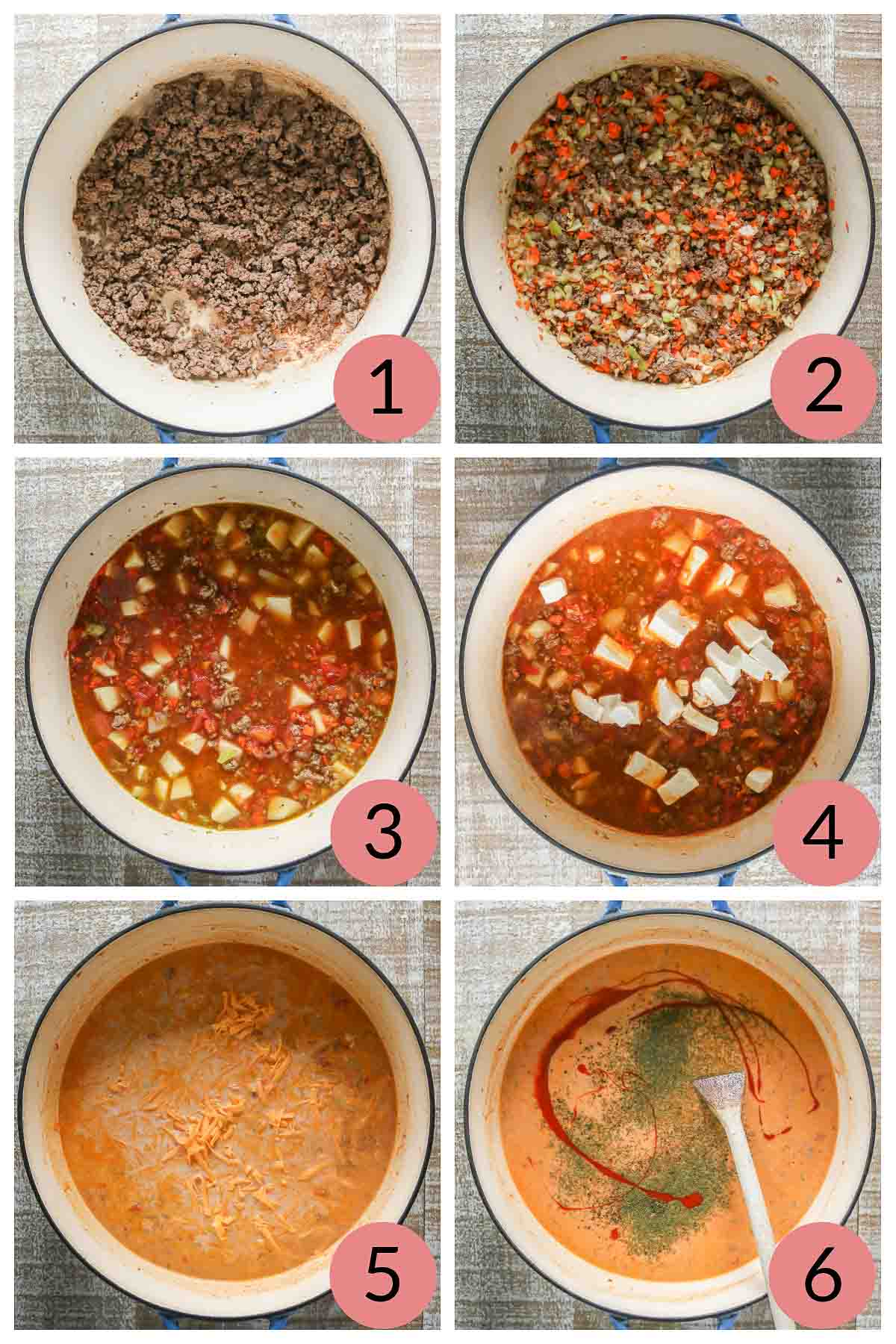 Collage of steps to make cheesy hamburger soup.