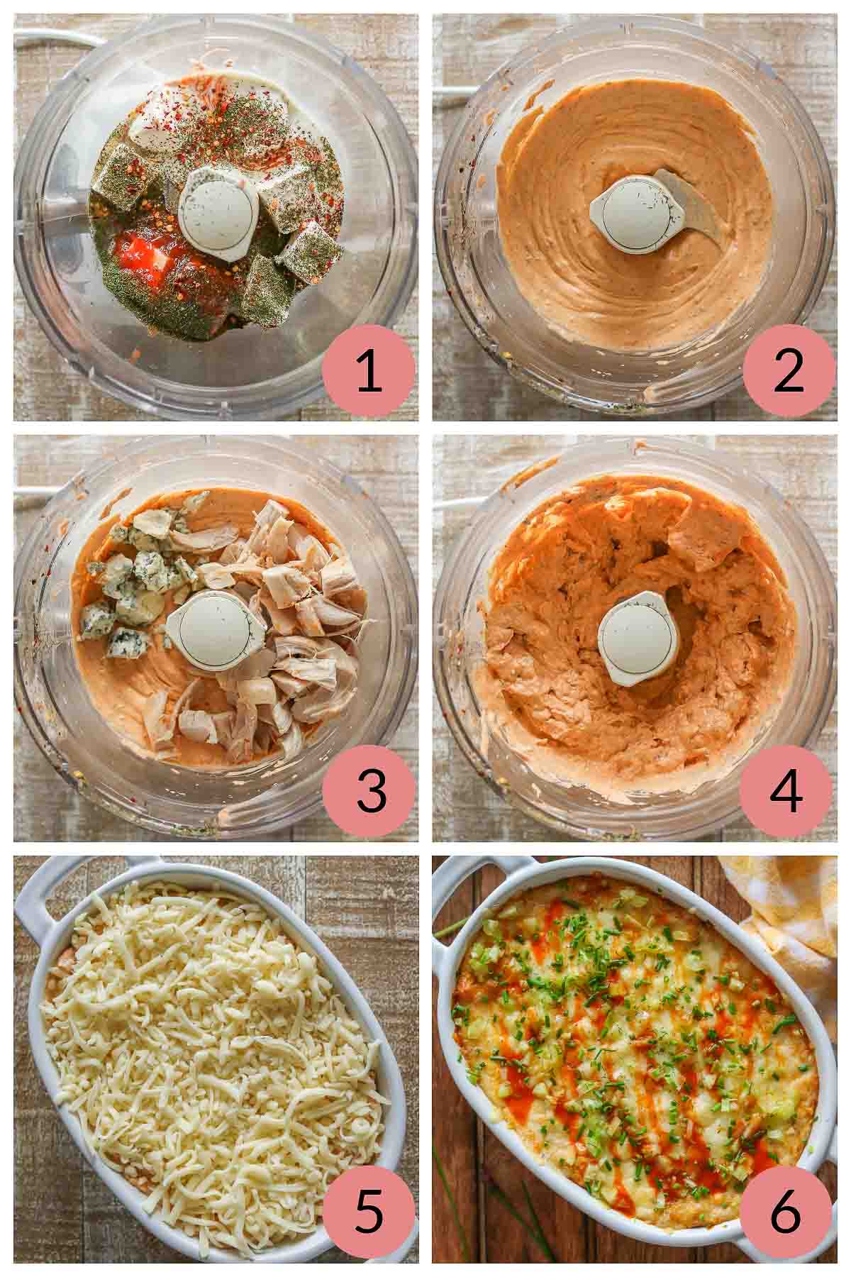 Collage of steps to make a buffalo chicken dip recipe.