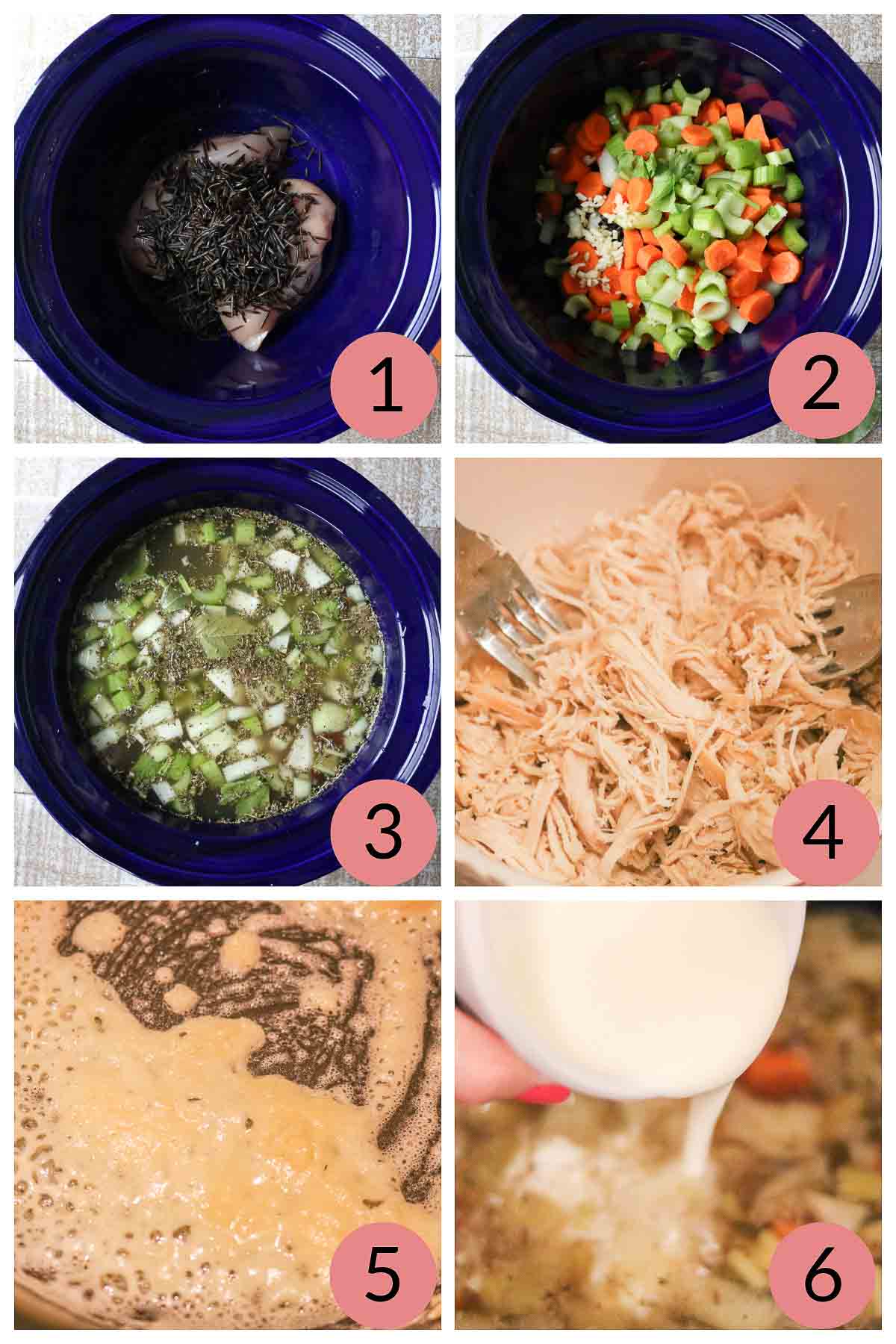 Collage of steps to make slow cooker chicken and rice soup.
