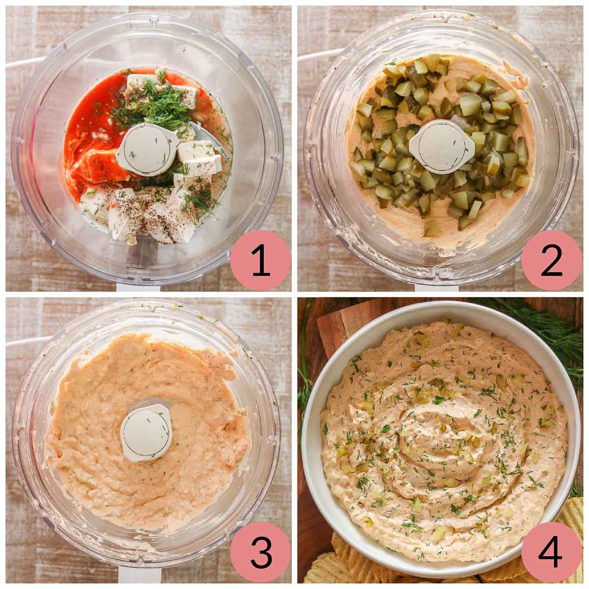 Collage of steps to make dill pickle dip.