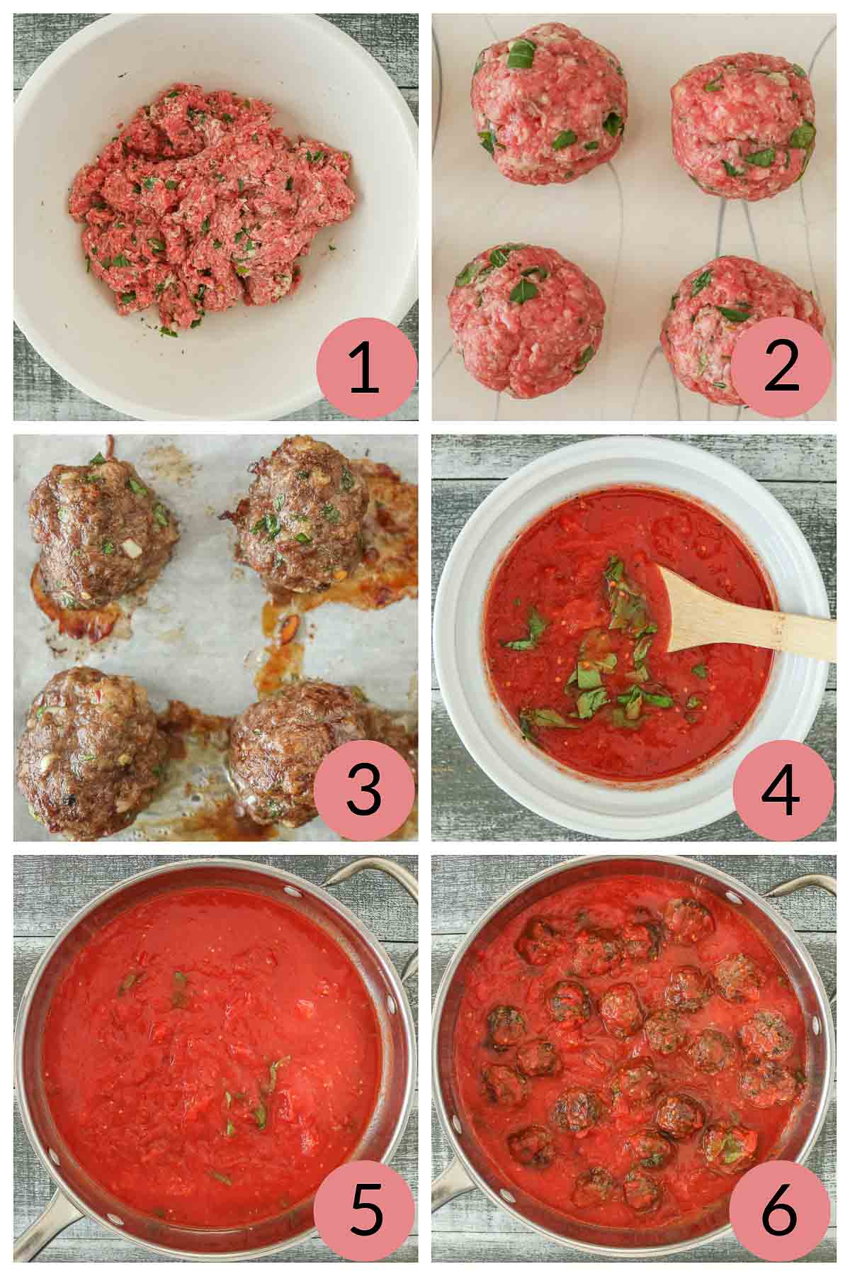Collage of steps to make homemade meatballs and tomato sauce.
